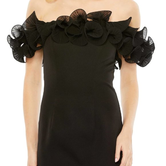 MAC DUGGAL 49643 OFF THE SHOULDER RUFFLE DETAIL BLACK COLUMN GOWN sz 16 - Picture 3 of 3